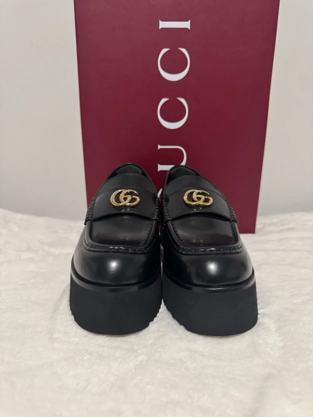 Gucci Black Leather Platform Loafers with Gold Horsebit